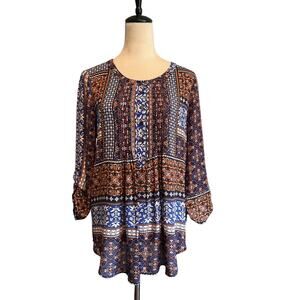 Anthropologie-Daniel Rainn Boho Patchwork Pintuck Rolltab Popover Blouse-Size M